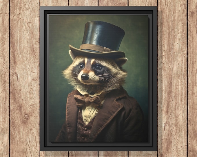Victorian Raccoon Portrait, Vintage Style Framed Art, Raccoon Lover Gifts, Funny Canvas Home Decor, Animal Decoration, Unique Wall Decor