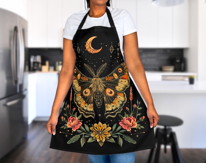 Cottagecore Celestial Apron, Moon Moth Floral Design