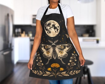 Witchy Cottagecore Apron, Kitchen Gift for Moon Lover, Floral Artist Crafter Apron for Mom or Grandma, Celestial Cooking Apron