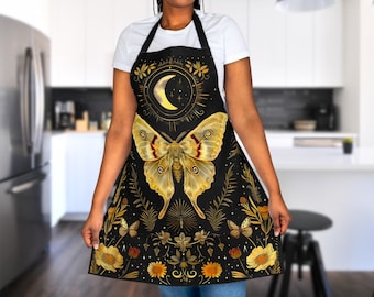 Kitchen Witch Cottagecore Apron, Kitchen Gift for Moon Phase Lover, Floral Artist Crafter Apron for Mom Grandma, Unique Cooking Apron