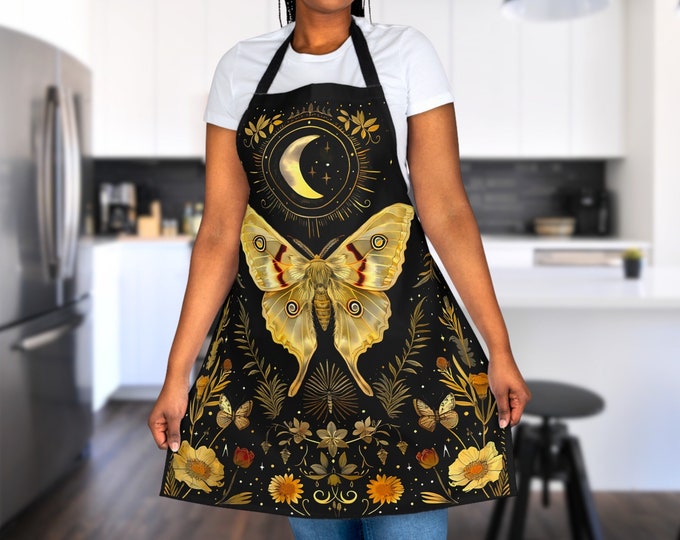 Kitchen Witch Cottagecore Apron, Kitchen Gift for Moon Phase Lover, Floral Artist Crafter Apron for Mom Grandma, Unique Cooking Apron