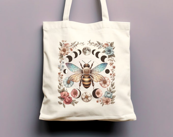 Cottagecore Bee Tote Bag, Floral Moon Phases, Canvas Reusable Bag