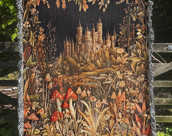 Medieval Castle Tapestry Blanket, Floral Mushroom Forest Throw
