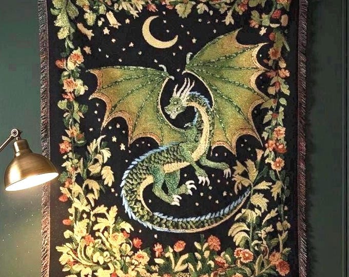 Dragon Woven Blanket, Celestial Dragon Decor, Retro Fantasy Lover Gift Throw