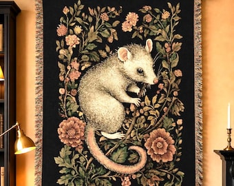 Possum Woven Tapestry Blanket, Floral Cottagecore Decor