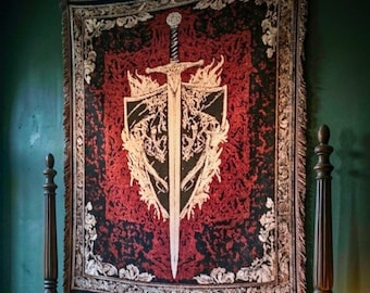 Woven Cotton Medieval Sword Tapestry Blanket, Gothic Floral Warrior Throw