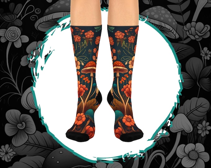 Botanical Mushroom Socks, Mushroom Lover Gift, Witchy Cottagecore Cozy Socks, Casual Socks, Goblincore Stocking Stuffer, Coworker Gifts
