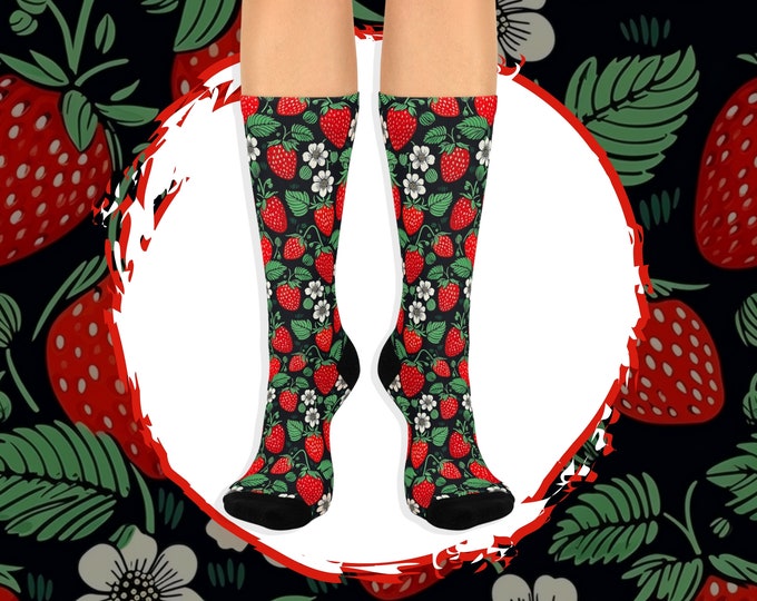 Cottagecore Strawberry Print Socks, Botanical Berry Socks