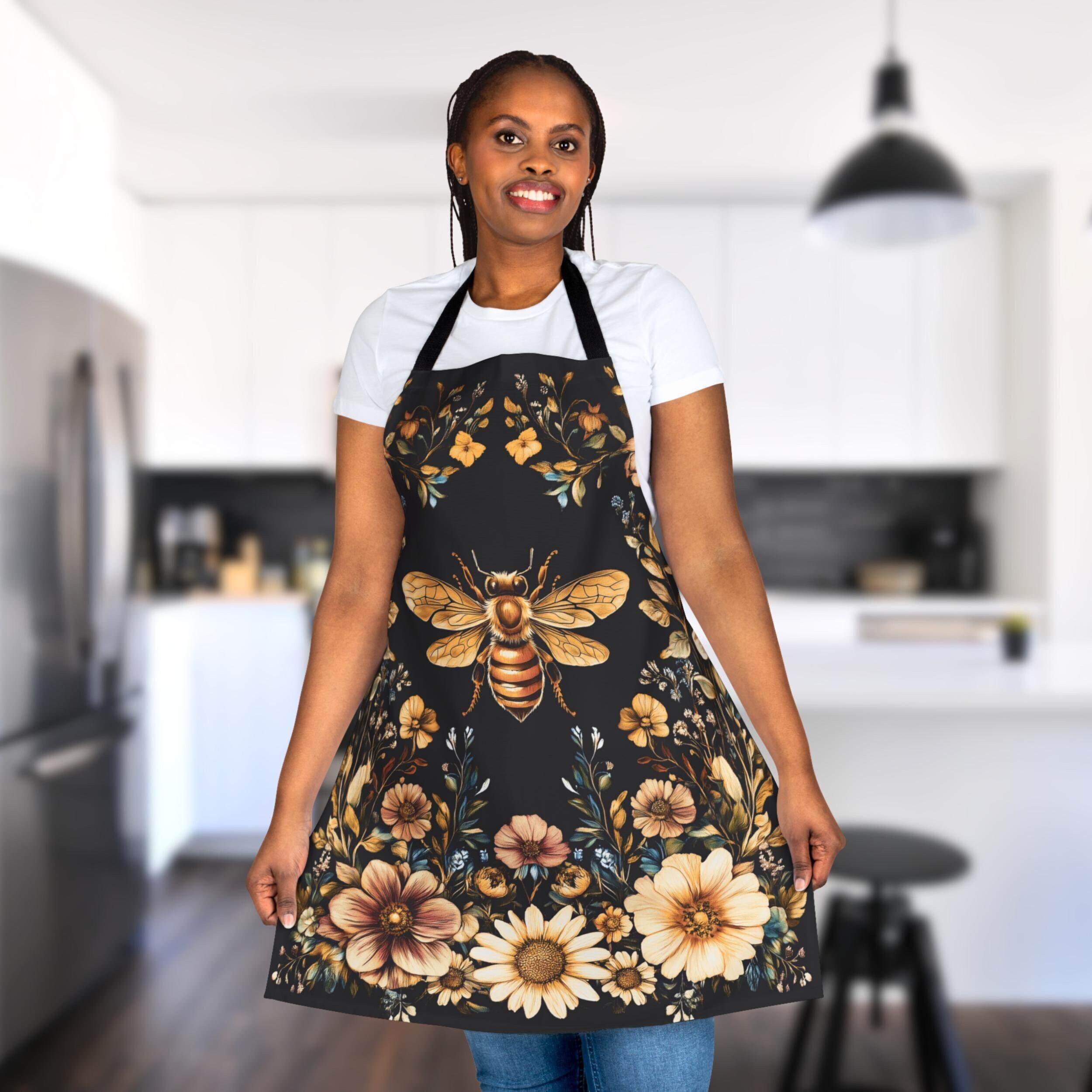 Floral Bee Apron, Cottagecore Kitchen Apron For Honeybee Lovers, Wildflower Kitchen Gift for Mom or Grandma, Artist Painter Crafter Apron
