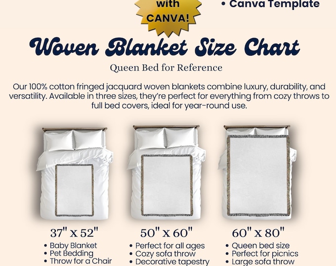 Woven Blanket Size Chart Template – Canva Mockup for MWW & Gooten Blankets, Digital Download, Throw Blanket Dimensions