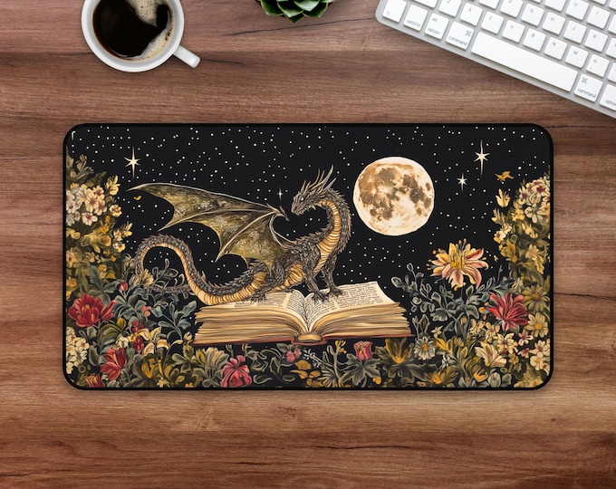 Bookish Dragon Desk Mat, Fantasy Book Lover Mouse Pad, DnD or RPG Gamer Gift