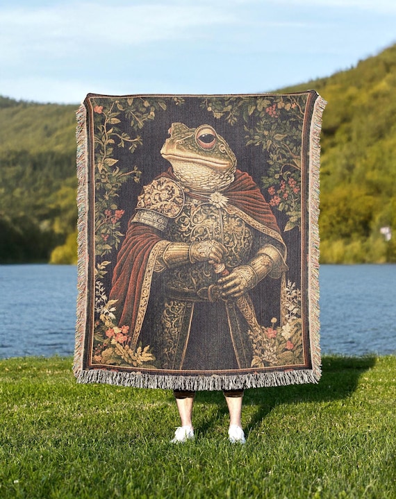 Medieval Warrior Frog Woven Cotton Blanket, Fantasy Tapestry
