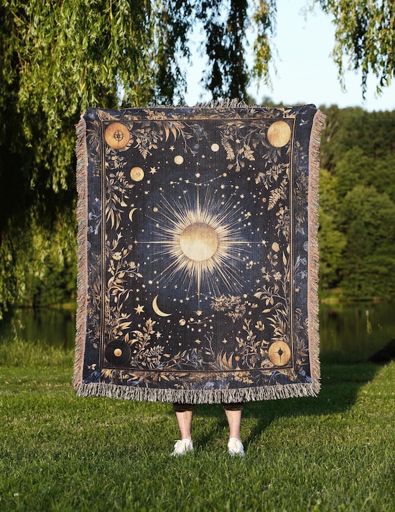 Celestial Sun and Moon Blanket, Ethereal Cottagecore Tapestry, Mystical Floral Throw, Artisan Botanical Wall Decor