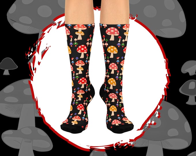 Retro Mushroom Socks, Cottagecore Botanical Crew Socks