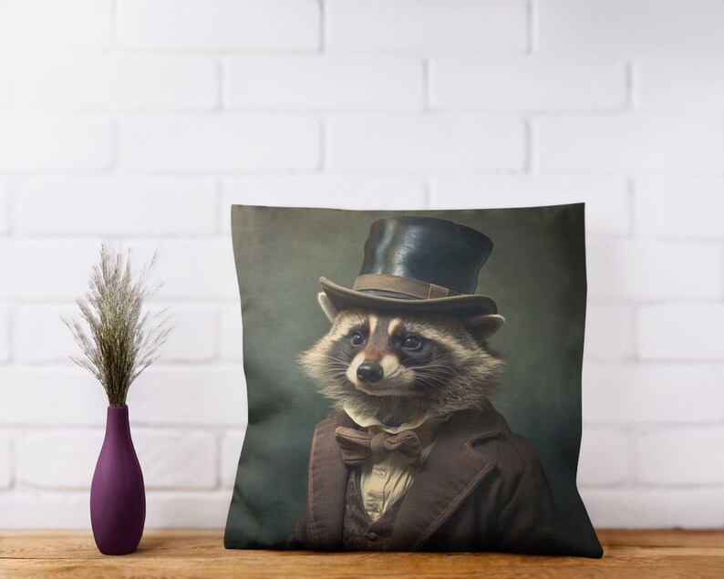 May include: A brown and gray raccoon wearing a black top hat and a brown suit with a bow tie. The raccoon is looking to the left of the image. The background is a green and brown color.