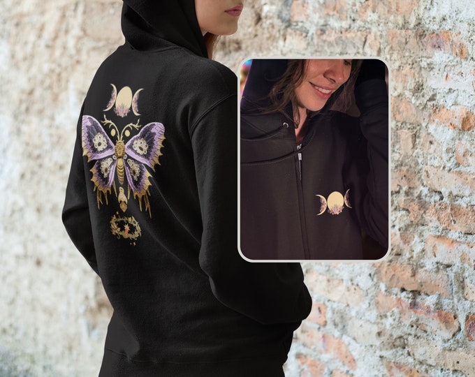 Moon Phases Goth Sweatshirt, Moon Phase Moth Zip-Up Hoodie, Cottagecore Moth Gift, Moth Gift Shirt, Moth Cottagecore Lover Gift, Witchy Gift