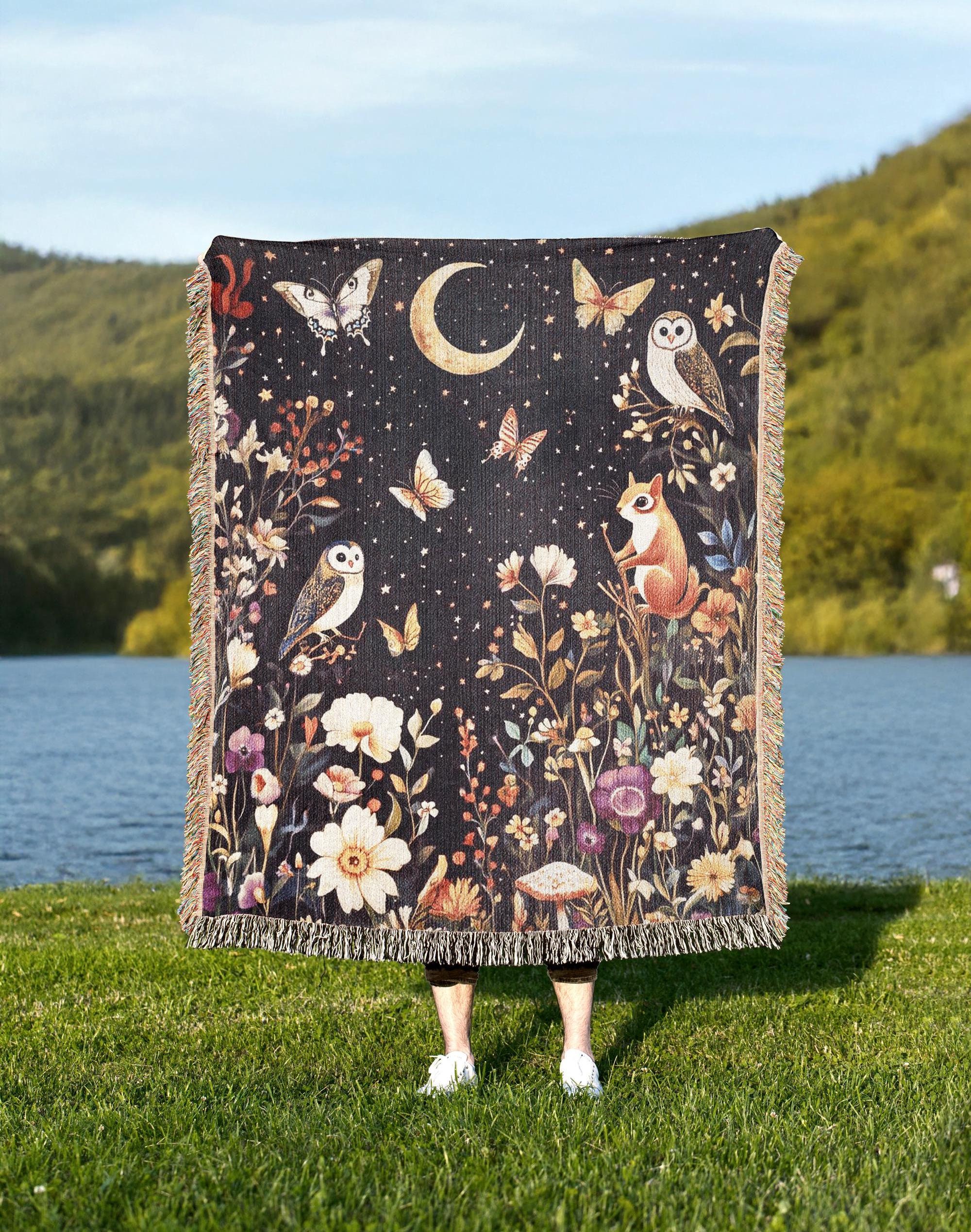 Forest Animals Woven Blanket, Woodland Cottagecore Owl Decor, Floral Butterfly Housewarming Gift for