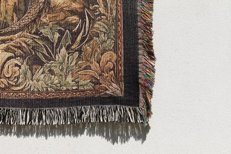 Medieval flying dragon woven tapestry blanket