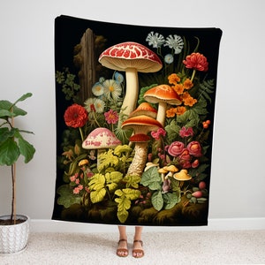 Mushroom Blanket, Minky Moth Blanket, Cottagecore Home Decor, Botanical Mushroom Lover Gift for Her, Vintage Forestcore Gift for Mom
