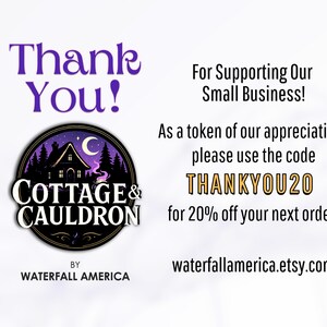 Puede incluir: Gr&aacute;fico con las palabras "Thank You!" en morado y "Cottage & Cauldron" en un logotipo circular. Tambi&eacute;n se ve el texto "For Supporting Our Small Business!" y "THANKYOU20".
