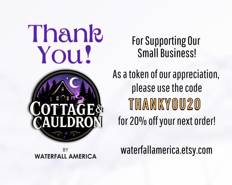 Puede incluir: Gr&aacute;fico con las palabras "Thank You!" en morado y "Cottage & Cauldron" en un logotipo circular. Tambi&eacute;n se ve el texto "For Supporting Our Small Business!" y "THANKYOU20".