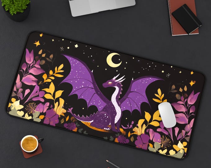 Fantasy Dragon Desk Mat, Stained Glass Gaming Mouse Pad, DnD or RPG Gamer Gift