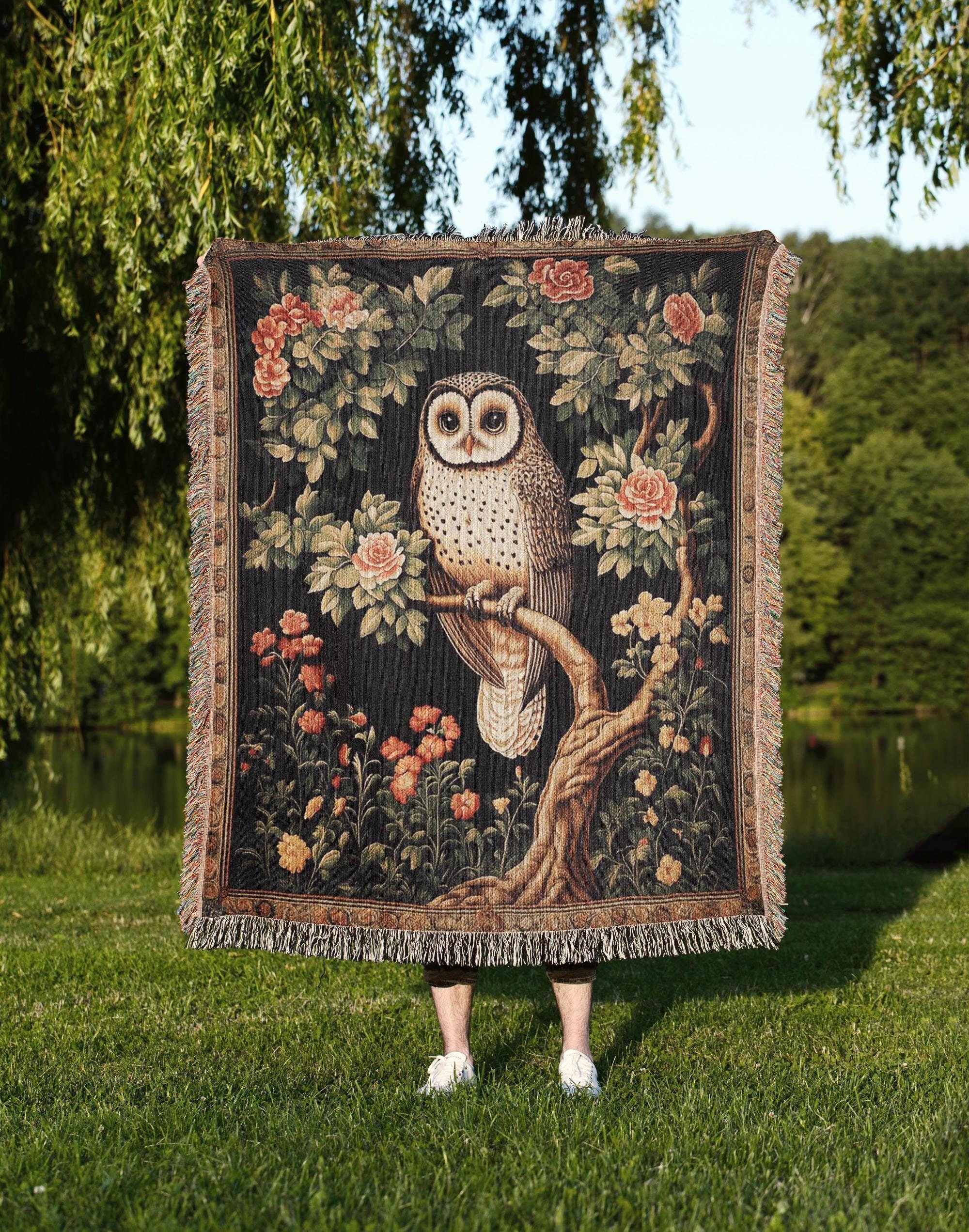 Barn Owl Woven Blanket, Bird Themed Kids Room Decor, Boho Owl Lover Gift Throw, Tapestry Gift for Ow