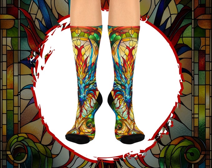 Stained Glass Dragon Crew Socks, Fantasy Gift