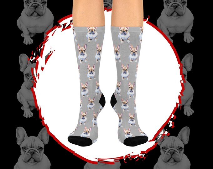 French Bulldog Crew Socks, Watercolor Frenchie Print
