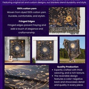 Celestial sun and moon floral woven fringed tapestry blanket