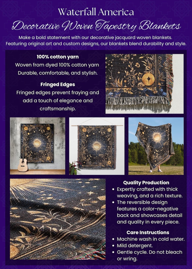Celestial sun and moon floral woven fringed tapestry blanket