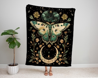 Manta de terciopelo Minky con estampado de luna y polilla, estilo Cottagecore Astrology.