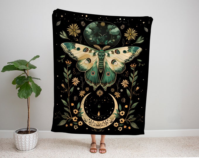 Moon and Moth Velveteen Minky Blanket, Cottagecore Astrology