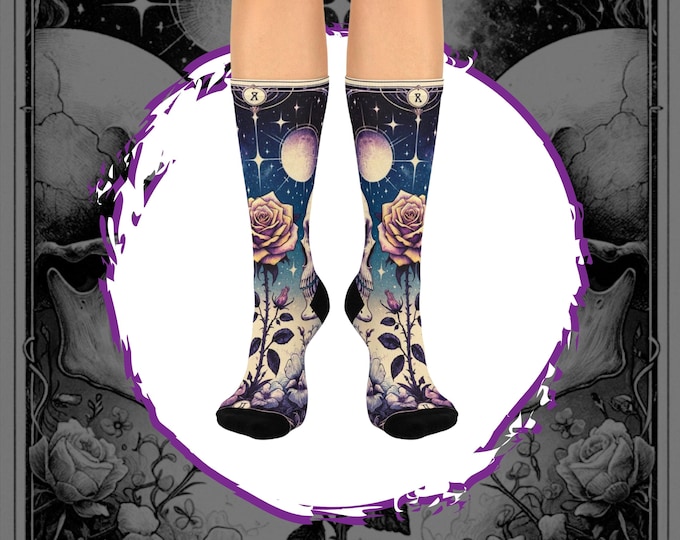 Skull Rose Tarot Crew Socks, Gothic Goblincore Style