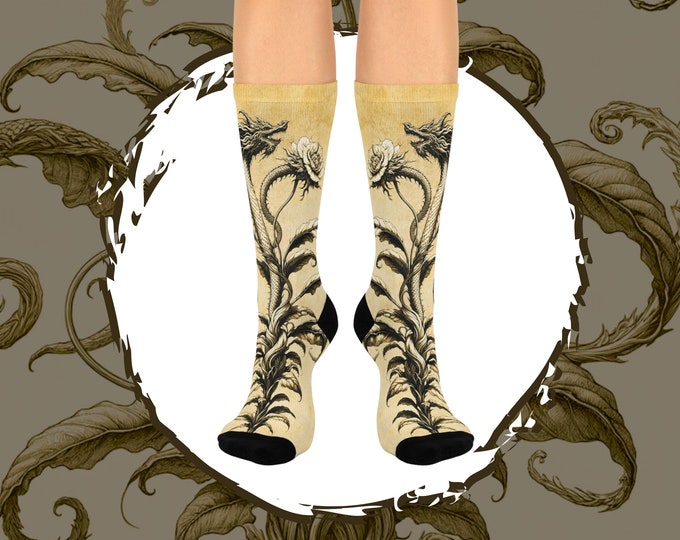 Botanical Dragon Socks, Dragon Lovers Gift, Fantasy Cottagecore Gift Socks, Dragon Everyday Socks, Socks for Her or Him, Witchy Fantasy Gift