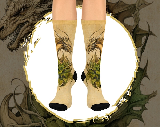 Botanical Dragon Socks, Dragon Lovers Gift, Fantasy Cottagecore Gift Socks, Dragon Everyday Socks, Socks for Her or Him, Witchy Fantasy Gift