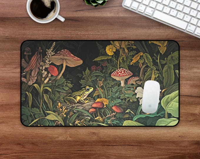 Frog and Mushroom Desk Mat, Cottagecore William Morris Style Mouse Pad