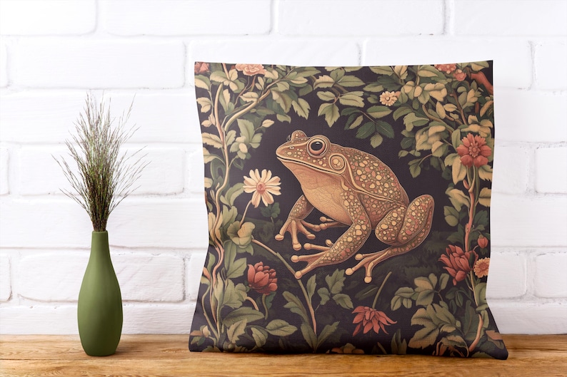 Floral cottagecore frog and toad lover stuffed throw pillow and pillowcase decor