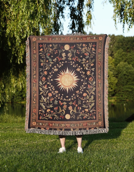 Celestial Sun and Moon Blanket, Cottagecore Floral Tapestry, Cosmic Decor, Ethereal Artisan Throw, Mystical Botanical Wall Art