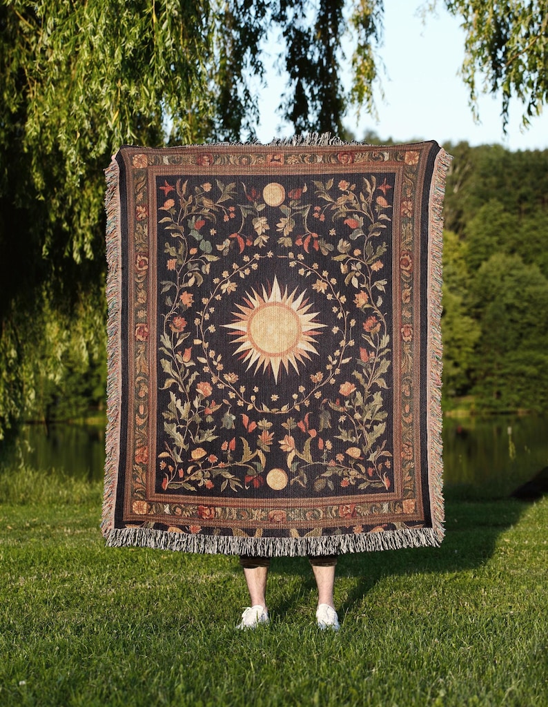 Cottagecore celestial sun and moon woven tapestry blanket