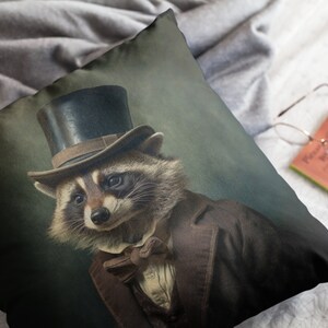 May include: A raccoon wearing a top hat and a brown suit with a bow tie. The raccoon is looking to the left of the image. The background is a dark green color.
