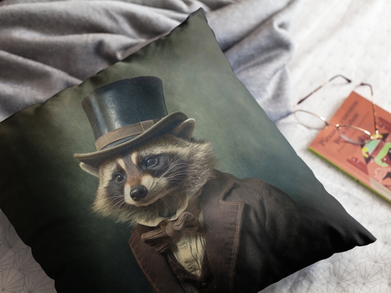 May include: A raccoon wearing a top hat and a brown suit with a bow tie. The raccoon is looking to the left of the image. The background is a dark green color.