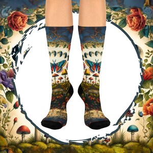Cottagecore Moth Socks, Moon Phases Lover Gift, Witchy Cottagecore Gift Socks, Fairycore Mushroom Everyday Socks, Goblincore Gifts