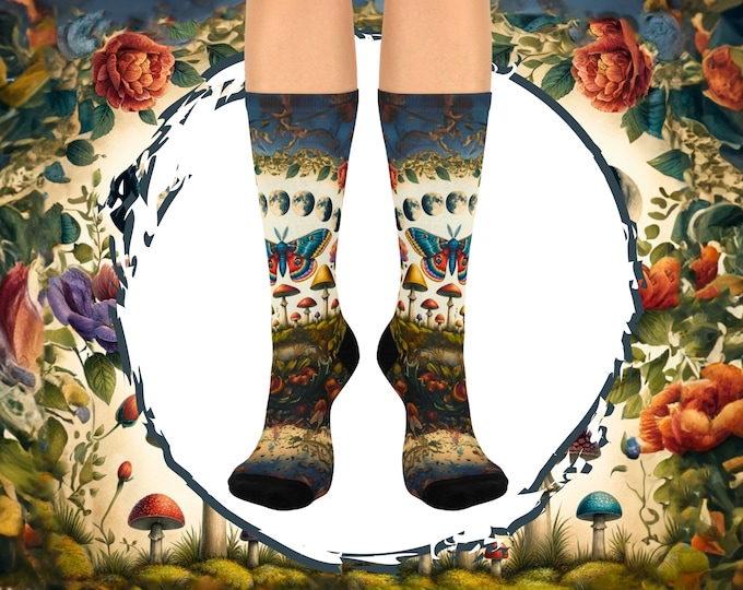 Cottagecore Moth Socks, Moon Phases Lover Gift, Witchy Cottagecore Gift Socks, Fairycore Mushroom Everyday Socks, Goblincore Gifts
