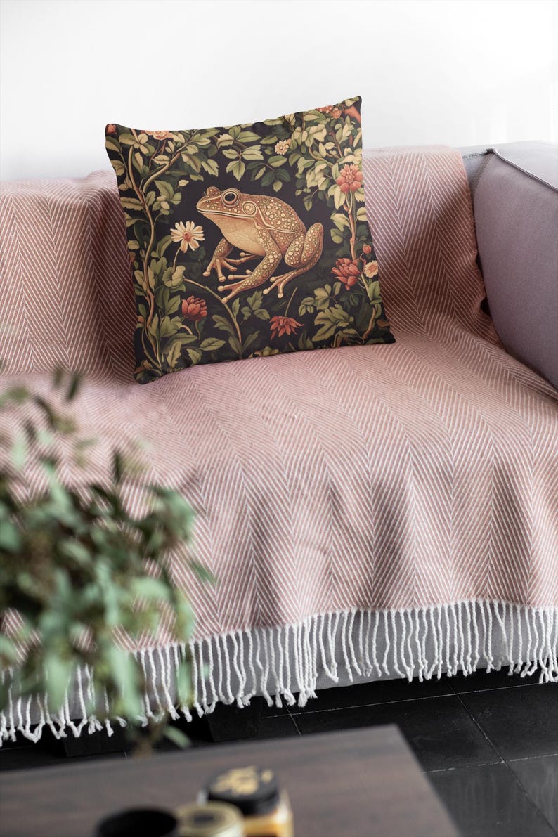 Floral cottagecore frog and toad lover stuffed throw pillow and pillowcase decor