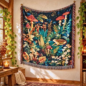 Retro Botanical Mushroom Frog Woven Blanket, Cottagecore Fantasy Home Decor, Vintage Fairycore Throw