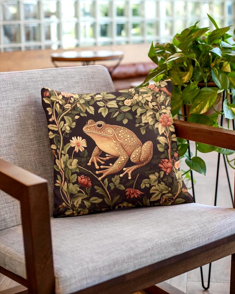 Floral cottagecore frog and toad lover stuffed throw pillow and pillowcase decor