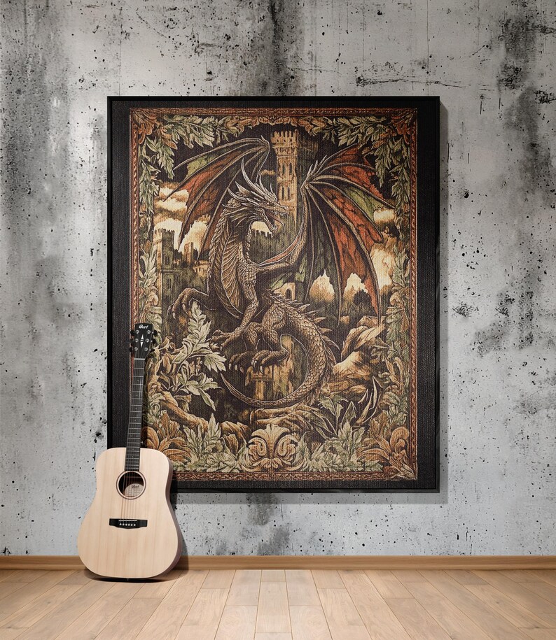 Medieval flying dragon woven tapestry blanket