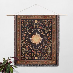Cottagecore celestial sun and moon woven tapestry blanket
