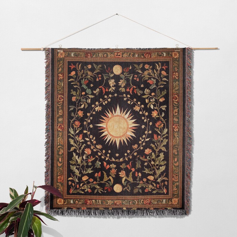 Cottagecore celestial sun and moon woven tapestry blanket